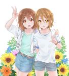  2girls :d arm_up bangs belt blue_shirt brown_eyes brown_hair collarbone commentary_request denim denim_skirt dresstrip eyebrows_visible_through_hair flower green_shirt hair_between_eyes hair_ornament hairband hairclip hand_on_another&#039;s_shoulder hirasawa_yui jacket k-on! looking_at_viewer multiple_girls open_clothes open_jacket open_mouth shirt short_hair short_sleeves shorts simple_background skirt smile sunflower tainaka_ritsu v watch watch white_background white_jacket white_shirt yellow_hairband 