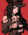  1other ambiguous_gender androgynous black_hair choker fingerless_gloves formal gloves guilty_gear guilty_gear_strive hat long_hair looking_at_viewer midriff moshimoshibe red_eyes simple_background solo tea testament_(guilty_gear) 