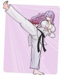  1girl absurdres alternate_costume artist_name barefoot belt black_belt breasts camilla_(fire_emblem) closed_mouth commentary dougi fire_emblem fire_emblem_fates hair_over_one_eye highres karate kicking large_breasts light_purple_hair long_hair looking_at_viewer motion_lines open_clothes raydango signature simple_background smile solo under_boob violet_eyes watermark 