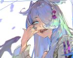  1girl absurdres blue_eyes blue_hair elira_pendora eyebrows_visible_through_hair fangs hair_over_one_eye head_wings highres long_hair looking_to_the_side lucadark_art mouth_pull nijisanji nijisanji_en off_shoulder portrait smile solo sweater virtual_youtuber white_sweater wings 