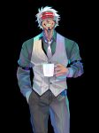  1boy absurdres ace_attorney belt black_pants buttons coffee coffee_mug collared_shirt cup dark-skinned_male dark_skin denaseey earrings facial_hair formal goatee godot_(ace_attorney) green_shirt grin hand_in_pocket headgear highres jewelry male_focus messy_hair mug necktie pants shirt sleeve_cuffs smile vest visor white_hair white_necktie white_vest 