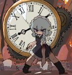  1girl apron blood blue_eyes braid broken clock clock_tower destruction fire highres injury izayoi_sakuya maid maid_headdress short_hair silver_hair solo touhou tower twin_braids yugi_0928 