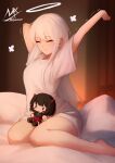  1girl absurdres angel_girl_(shimmer) artist_name bangs barefoot bed_sheet black-haired_demon_girl_(shimmer) black_hair black_shirt blurry blurry_background blush_stickers breasts character_doll closed_eyes closed_mouth depth_of_field eyebrows_visible_through_hair halo highres indoors long_hair medium_breasts original pillow red_skirt shimmer shirt short_sleeves signature skirt solo stretch very_long_hair waking_up white_hair white_shirt wide_sleeves 