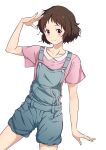  1girl absurdres arm_up brown_hair collared_shirt commentary_request cowboy_shot hand_to_head highres hyouka ibara_mayaka light_blush looking_at_viewer nijizuki_shino overalls pink_shirt salute shirt short_hair simple_background smile solo standing violet_eyes white_background 