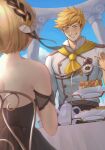  1boy 1girl absurdres bangs bare_shoulders black_dress blonde_hair blush chef_uniform closed_eyes clouds day djeeta_(granblue_fantasy) dress food granblue_fantasy highres neckerchief nyapanu outdoors shirt short_hair smile teeth undercut vane_(granblue_fantasy) white_shirt yellow_neckerchief 