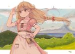  1girl ahoge apron bag bangs braid brown_eyes brown_hair bush clouds cowboy_shot dress faye_(fire_emblem) fire_emblem fire_emblem_echoes:_shadows_of_valentia grass hair_ribbon hand_on_hip highres kutabireta_neko leaf long_hair looking_afar mountain ocean pink_dress pouch puffy_sleeves ribbon sash sky smile solo tassel twin_braids waist_apron wind 