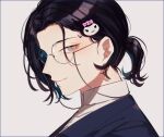  1boy character_request glasses hair_ornament highres japanese_clothes looking_at_viewer male_focus ponytail purple_hair smile touken_ranbu violet_eyes yamada_chickenko 