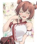  1girl artist_name bare_shoulders blush breasts brown_hair dated double_bun gakky kantai_collection medium_breasts official_alternate_costume open_mouth shirt short_hair short_sleeves signature skirt smile solo tan_yang_(kancolle) teeth upper_body upper_teeth white_shirt white_skirt yukikaze_(kancolle) 