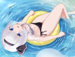  1girl :d anima_miko bangs bikini black_bikini black_ribbon blue_eyes eyebrows_visible_through_hair from_above hair_ribbon hairband highres konpaku_youmu looking_at_viewer navel open_mouth ribbon ripples short_hair side-tie_bikini silver_hair smile solo swimsuit touhou water 