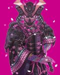  1boy alex_dos_diaz arm_tattoo armor bead_necklace beads brown_eyes english_commentary helmet highres holding holding_sword holding_weapon horns japanese_armor jewelry katana magic:_the_gathering male_focus mask necklace pink_background samurai solo sword tattoo v-fin weapon 