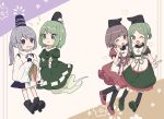  4girls apron arm_up bangs black_headwear black_legwear black_ribbon blue_eyes blue_headwear blush boots bow bowtie breasts brown_background brown_hair buttons chibi closed_mouth commentary_request cross crossed_arms detached_sleeves dress eyebrows_visible_through_hair eyelashes flying full_body ghost_tail green_dress green_eyes green_footwear green_hair grey_hair hair_between_eyes hand_up hands_up hat hat_ribbon heart highres japanese_clothes juliet_sleeves kariginu kneehighs long_hair long_sleeves looking_at_another looking_at_viewer medium_breasts mononobe_no_futo multiple_girls nishida_satono one_eye_closed open_mouth own_hands_together pink_dress pink_eyes pink_footwear pom_pom_(clothes) ponytail puffy_short_sleeves puffy_sleeves purple_background purple_bow purple_bowtie red_bow ribbon shirt shoes short_hair short_hair_with_long_locks short_sleeves smile soga_no_tojiko standing suzushiro_(daikon793) teeth teireida_mai touhou v white_apron white_background white_shirt wide_sleeves yellow_bow 