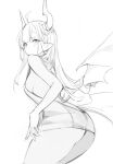  1girl ass breasts closed_mouth from_behind from_side greyscale highres horns looking_at_viewer looking_to_the_side meme_attire monochrome nekojira original pointy_ears sideboob simple_background solo sweatdrop thea_(nekojira) virgin_killer_sweater white_background wings 