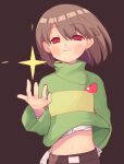  1other bandages bangs belly blush_stickers brown_hair brown_pants chara_(undertale) checkpoint green_shirt half-closed_eyes hand_up heart heart_necklace long_sleeves looking_at_viewer navel pants red_eyes shirt short_hair smile star_(symbol) striped striped_shirt undertale xox_xxxxxx 