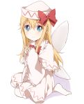  1girl blonde_hair blue_eyes blush bow capelet dress fairy_wings hat lily_white long_hair long_sleeves looking_at_viewer sasaki_sakiko smile solo touhou white_dress wings 