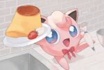  :d blue_eyes bow bowl bowtie brick_wall bright_pupils commentary_request food fruit happi_xfyg holding holding_plate icing indoors jigglypuff leg_up no_humans open_mouth plate pokemon pokemon_(creature) pudding red_bow red_bowtie sink smile solo standing standing_on_one_leg strawberry tongue white_pupils 