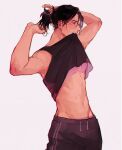  1boy abs black_hair black_tank_top boku_no_hero_academia eraser_head_(boku_no_hero_academia) facial_hair hair_tie highres male_focus mouth_hold navel nipples pants ponytail scar scar_on_cheek scar_on_face shirt_in_mouth simple_background solo stubble sweatdrop sweatpants tank_top tian_(den_z_z) toned toned_male tying_hair white_background 