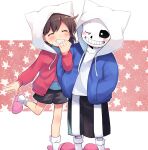  1boy 1girl animal_hood bangs black_shorts blue_hoodie blue_shirt blush brown_hair cat_hood closed_eyes frisk_(undertale) full_body hand_in_pocket hand_up hood hoodie leg_up long_sleeves looking_at_another one_eye_closed pink_background pink_hoodie pink_legwear red_hoodie sans shirt short_hair short_shorts shorts skeleton smile socks standing star_(sky) striped striped_shirt undertale white_background white_hood white_legwear white_shirt xox_xxxxxx 