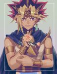  1boy absurdres armlet atem black_hair blonde_hair cape closed_mouth commentary earrings flower framed hands_up highres holding holding_flower jewelry looking_at_viewer male_focus millennium_puzzle on_(isk1812) pink_flower smile solo spiky_hair upper_body yu-gi-oh! yu-gi-oh!_duel_monsters 