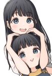  1ssakawaguchi 2girls akebi-chan_no_serafuku akebi_kao akebi_komichi bangs black_hair blue_eyes blunt_bangs cheek_squash child eyebrows eyebrows_visible_through_hair hands_on_another&#039;s_head head_on_head head_rest highres long_hair looking_at_viewer multiple_girls open_mouth overalls shirt short_hair short_sleeves siblings sisters smile upper_body white_shirt yellow_shirt 