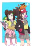  2girls alternate_costume bangs blue_background border bright_pupils brown_hair bubble_blowing closed_mouth clothes_around_waist commentary_request double_bun eyelashes frown green_eyes hair_ornament hairclip hat high_ponytail highres hilda_(pokemon) holding holding_phone jacket knees long_hair multiple_girls nose_bubble on_head open_clothes open_jacket phone pkpokopoko3 pleated_skirt pokemon pokemon_(creature) pokemon_(game) pokemon_bw pokemon_bw2 pokemon_on_head rosa_(pokemon) sailor_collar school_uniform shirt short_sleeves sidelocks skirt snivy tepig thigh-highs white_border white_legwear yellow_shirt 