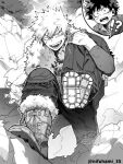  !? 2boys bakugou_katsuki bead_necklace beads boku_no_hero_academia boots carrying carrying_over_shoulder carrying_person cut_(nifuhami_35) freckles fur_trim greyscale jewelry knee_pads male_focus midoriya_izuku monochrome multiple_boys multiple_necklaces necklace open_mouth spiky_hair tree twitter_username 