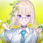  1girl bangs black_collar blue_necktie collar collared_shirt frog glasses highres leaf leaf_on_head light_brown_hair long_hair looking_at_viewer miwano_rag necktie original parted_lips shirt solo violet_eyes white_shirt yellow_background 