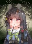  1girl ahoge animal_ears binoculars black_hair blue_archive breasts e-note eyebrows_visible_through_hair forest halo highres leaf long_hair miyu_(blue_archive) nature open_mouth outdoors rabbit_ears red_eyes scared school_uniform small_breasts tree 