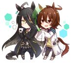  2girls :d agnes_tachyon_(umamusume) ahoge animal_ears black_gloves black_hair black_legwear blush brown_eyes brown_hair chibi closed_mouth coat coffee_mug cup ear_ornament enkichi_totan full_body gloves hair_between_eyes horse_ears horse_girl horse_tail labcoat long_hair long_sleeves manhattan_cafe_(umamusume) mug multiple_girls pantyhose pleated_skirt skirt sleeves_past_fingers sleeves_past_wrists smell smile standing tail test_tube umamusume very_long_hair white_background yellow_eyes 