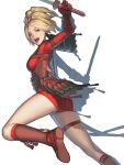  1girl blonde_hair breasts character_request dual_wielding full_body holding looking_at_viewer open_mouth red_shorts sakamoto_mineji shorts simple_background smile solo soulcalibur sword weapon white_background 