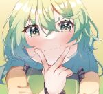  1girl :i bangs bare_shoulders blush cheek_squash closed_mouth eyebrows_visible_through_hair face green_eyes green_hair hair_between_eyes hand_up highres koishikawaiiyo komeiji_koishi looking_at_viewer no_hat no_headwear pink_background portrait simple_background smile solo touhou v_over_mouth 