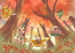  animal_focus autumn_leaves combee commentary_request day falling_leaves from_below grass happi_xfyg kecleon leaf leafeon mothim no_humans outdoors pokemon pokemon_(creature) shroomish tree wormadam wormadam_(plant) 