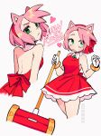  1girl amy_rose animal_ears bare_shoulders blush bracelet breasts character_name ciosuii closed_mouth dress gloves green_eyes hairband hammer heart highres holding holding_hammer humanization jewelry looking_at_viewer multiple_views open_mouth piko_piko_hammer pink_hair red_dress red_hairband short_hair sonic_(series) white_gloves 