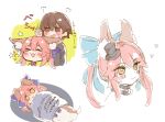 &gt;_&lt; 1boy 1girl :3 animal_ear_fluff animal_ears bangs black_shirt blue_ribbon blush bow brown_eyes brown_hair chibi chop commentary_request eyebrows_visible_through_hair face fate/extra fate/extra_ccc fate_(series) fox_ears fox_girl fox_tail frown hair_between_eyes hair_bow hair_ribbon hat heart hitting kishinami_hakuno_(male) long_hair long_sleeves multiple_views mzoo39 open_mouth pink_hair ribbon shirt sketch star_(symbol) sweat tail tamamo_(fate) tamamo_no_mae_(fate/extra) tamamo_no_mae_(sable_mage)_(fate) tears translation_request v-shaped_eyebrows white_background yellow_eyes 