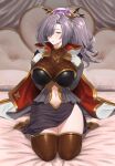  1girl absurdres alternate_breast_size alternate_race bed bed_sheet cape clothing_cutout gloves granblue_fantasy grey_hair hair_over_one_eye hand_on_own_chest highres humanization kneeling long_bangs long_hair navel navel_cutout niyon_(granblue_fantasy) older on_bed orange_eyes pillow ponytail shou_illust skindentation solo thigh-highs 