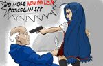  angry bald black_legwear blue_eyes blue_hair character_request copyright_request gun habit jos91doodles miniskirt monk old old_man quill real_life red_skirt red_vest roscelin_de_compiegne skirt speech_bubble thigh-highs vest weapon white_background white_hair window 
