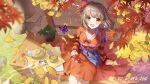  1girl :d apple_caramel autumn_leaves blurry blurry_foreground breasts brown_eyes brown_hair commentary_request cup dango day depth_of_field feet_out_of_frame food ginkgo_leaf green_tea highres japanese_clothes kimono kneehighs leaf long_hair long_sleeves looking_at_viewer looking_up maple_leaf medium_breasts original outdoors red_kimono sitting sleeves_past_wrists smile solo tea teapot wagashi white_legwear 