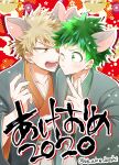  2boys animal_ears bakugou_katsuki blonde_hair boku_no_hero_academia freckles green_eyes green_hair highres japanese_clothes looking_at_another male_focus midoriya_izuku multiple_boys one_eye_closed open_mouth outline red_eyes spiky_hair teeth twitter_username ume_(326310) v white_outline 