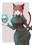  1girl absurdres animal_ears black_bow blush bow braid breasts cat_ears cat_tail dress gradient gradient_background green_dress hair_bow highres kaenbyou_rin long_sleeves looking_at_viewer miton_iguana multiple_tails red_eyes redhead skull smile solo tail touhou twin_braids 