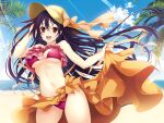  1girl :d ass_visible_through_thighs bangs beach bikini black_hair blue_sky braid breasts clothes_lift clouds day frilled_bikini frills hair_between_eyes hair_blowing hat hat_ribbon highres horizon koisuru_natsu_no_last_resort kouzaki_umi long_hair looking_at_viewer marui_(koedame) medium_breasts mtr16 navel ocean official_art outdoors palm_tree red_bikini red_eyes ribbon sarong skirt skirt_lift sky smile solo standing sun_hat sunlight swimsuit teeth tree underwear upper_teeth very_long_hair 