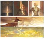  armor blonde_hair cape chinese_commentary commentary_request derrick_berg door dusk ghost indoors looking_at_viewer lord_of_the_mysteries nayannayan ocean opening_door outdoors panels pauldrons shaded_face shadow shirt short_hair shoulder_armor sunlight water white_shirt yellow_eyes 