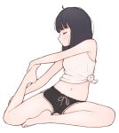  1girl 1ssakawaguchi ahoge armpit_peek bangs bare_arms bare_legs bare_shoulders barefoot black_hair black_shorts blunt_bangs blush closed_eyes closed_mouth dolphin_shorts drawstring eyebrows_visible_through_hair facing_to_the_side from_side full_body hand_on_own_foot hand_on_own_leg highres leg_up legs medium_hair midriff navel original outstretched_arms profile revision short_shorts shorts simple_background sitting sleeveless solo straight_hair stretch tank_top u_u white_background white_tank_top 