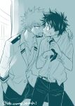  2boys bakugou_katsuki belt blazer blush boku_no_hero_academia clothes_pull collared_shirt freckles green_hair jacket looking_at_another male_focus midoriya_izuku monochrome multiple_boys necktie open_mouth school_uniform shirt shirt_pull spiky_hair sweatdrop teeth twitter_username u.a._school_uniform ume_(326310) v-shaped_eyebrows 