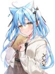  1girl absurdres ahoge animal_ear_fluff animal_ears anzu_1026 bangs black_ribbon blue_hair blush book brown_dress cardigan cat_ears closed_mouth dress extra_ears hair_between_eyes hair_ribbon heart_ahoge highres holding holding_book hololive long_hair long_sleeves looking_at_viewer open_cardigan open_clothes pointy_ears ribbon simple_background smile solo twintails upper_body virtual_youtuber white_background white_cardigan yellow_eyes yukihana_lamy 