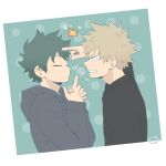  2boys absurdres ayata-haikyu bakugou_katsuki black_shirt blonde_hair boku_no_hero_academia clenched_teeth closed_eyes closed_mouth finger_gun freckles green_hair grey_hoodie highres hood hood_down hoodie looking_at_another male_focus midoriya_izuku multiple_boys own_hands_together pointing pointing_at_another shirt spiky_hair teeth 