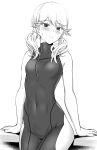  1girl aoki_kanji bare_arms bare_shoulders blush bodysuit breasts copyright_request cowboy_shot greyscale looking_at_viewer low_twintails monochrome simple_background sitting small_breasts solo twintails white_background 