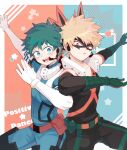  2boys bakugou_katsuki belt blonde_hair bodysuit boku_no_hero_academia explosive freckles frown gloves green_belt green_bodysuit green_eyes green_gloves green_hair grenade headset highres looking_at_viewer male_focus mask mask_removed midoriya_izuku multiple_boys open_mouth red_belt red_eyes spiky_hair star_(symbol) unou_(unou_mha) white_gloves 