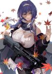  1girl arm_up bangs black_legwear blue_hair blue_jacket blue_skirt braid braided_ponytail breasts closed_mouth dp-12_(girls&#039;_frontline) eyebrows_visible_through_hair girls_frontline grey_eyes gun hairband highres holding holding_gun holding_weapon jacket jacket_pull large_breasts lips long_hair looking_away pantyhose petals shotgun skirt smile solo standard_manufacturing_dp-12 standing sweater_vest torn_sweater_vest twitter_username vermilli000n weapon white_background white_hairband white_sweater_vest 