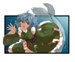  1girl blue_eyes blue_hair blush breasts drill_hair frilled_kimono frills head_fins highres japanese_clothes kimono long_sleeves looking_at_viewer mermaid monster_girl obi open_mouth sash short_hair smile solo touhou uisu_(noguchipint) wakasagihime wide_sleeves 