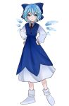  1girl blue_bow blue_dress blue_eyes blue_hair bow cirnium cirno collared_shirt dress flat_chest hair_bow highres ice ice_wings long_dress necktie pinafore_dress puffy_short_sleeves puffy_sleeves red_necktie shirt short_hair short_sleeves simple_background socks solo touhou white_background white_legwear white_shirt wings 