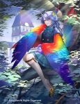 1girl animal_ears bangs bird_ears bird_legs bird_tail blue_bow blue_eyes blue_hair blue_skirt blue_vest bow building cardfight!!_vanguard commentary_request feathered_wings hair_between_eyes harpy in_tree kneehighs long_hair monster_girl official_art orb rainbow_wings sitting sitting_in_tree skirt sock_garters solo spinel_(9057) tail tail_feathers talons toeless_legwear tree vest white_legwear winged_arms wings 